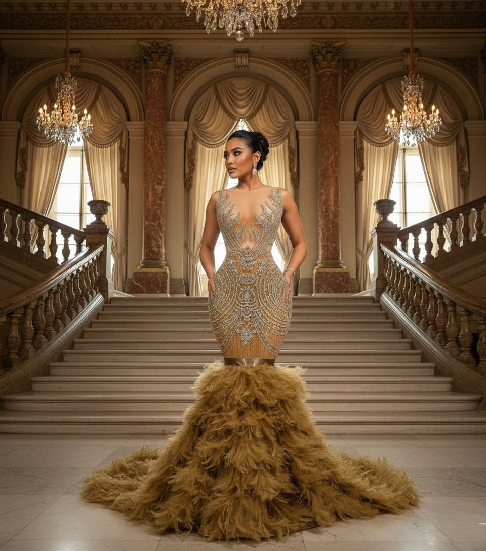 gold rhinestone mermaid dress Fuego Rhinestone Feather Mermaid Gown – Shop now Nishkollection