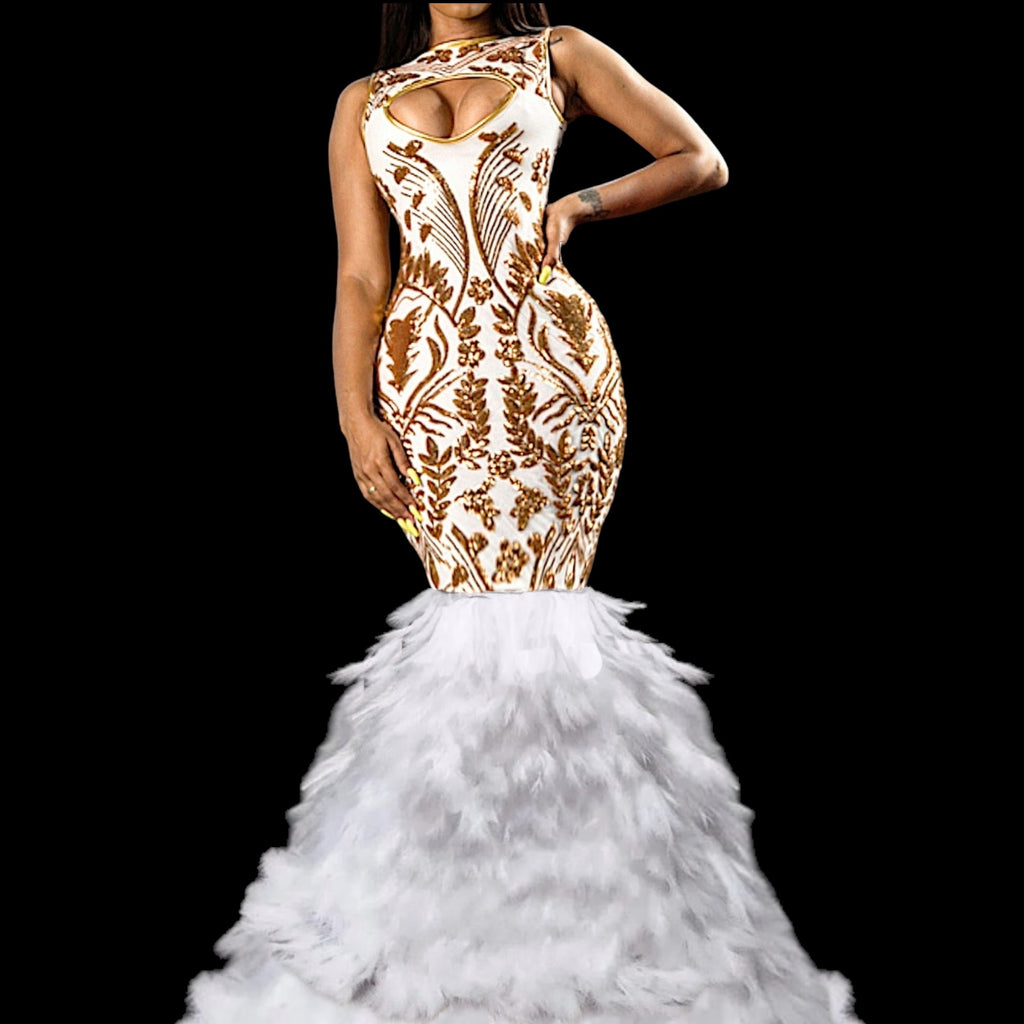 Sereena feather gown gold and white