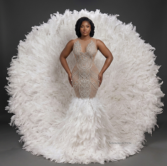 Seraphina Rhinestone Feather Mermaid Dress