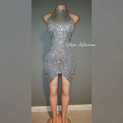 Front view of Diamond V Zena Rhinestone Dress with halter neckline and nude illusion base