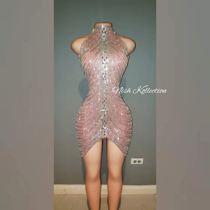 Front view of Diamond V Zena Rhinestone Dress with halter neckline and nude illusion base