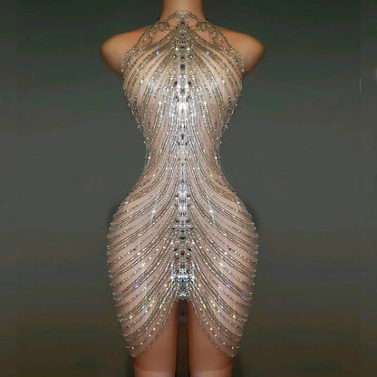 Front view of Diamond V Zena Rhinestone Dress with halter neckline and nude illusion base