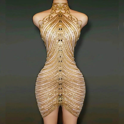 Flat-lay or mannequin shot of gold crystal halter mini dress