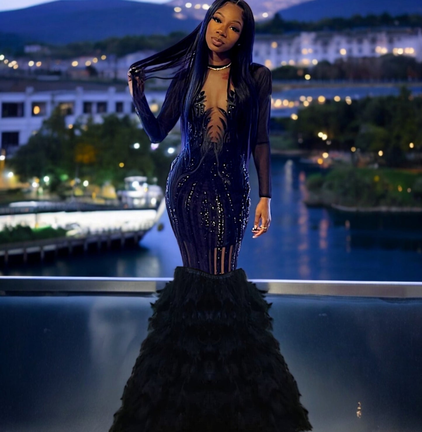 Sabrina Long Sleeve Sequin Feather Gown