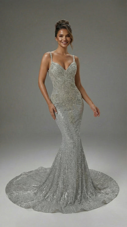 Viking Rhinestone Silver Sequin Detachable Overskirt Mermaid Ball Dress