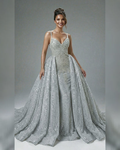 Viking Rhinestone Silver Sequin Detachable Overskirt Mermaid Ball Dress