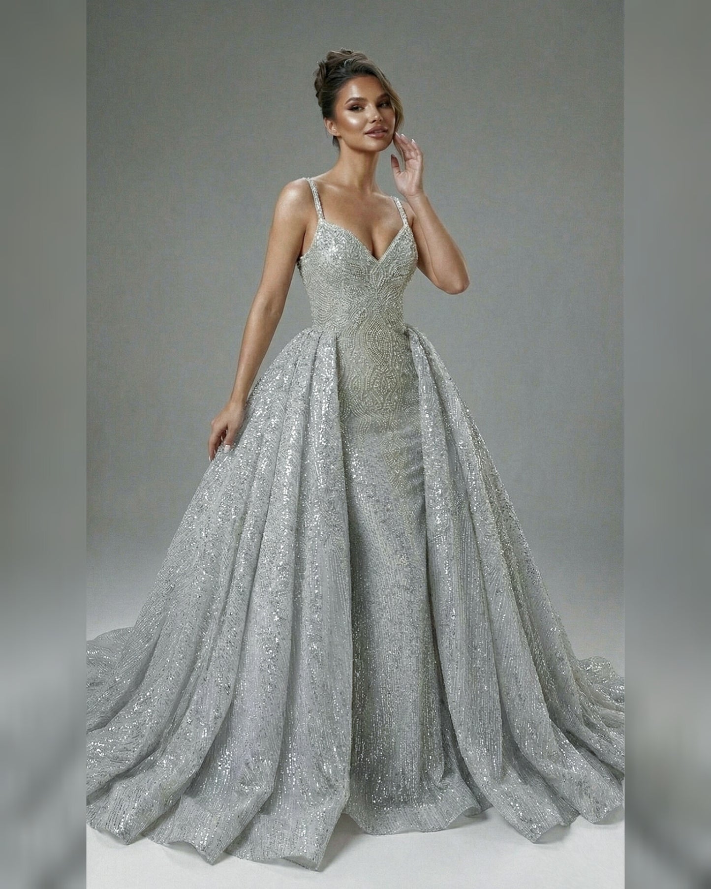 Viking Rhinestone Silver Sequin Detachable Overskirt Mermaid Ball Dress