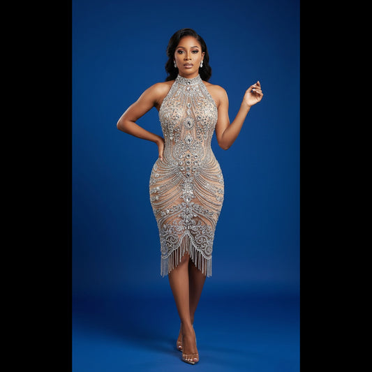 Molly Silver Halter Top Rhinestone Midi Dress