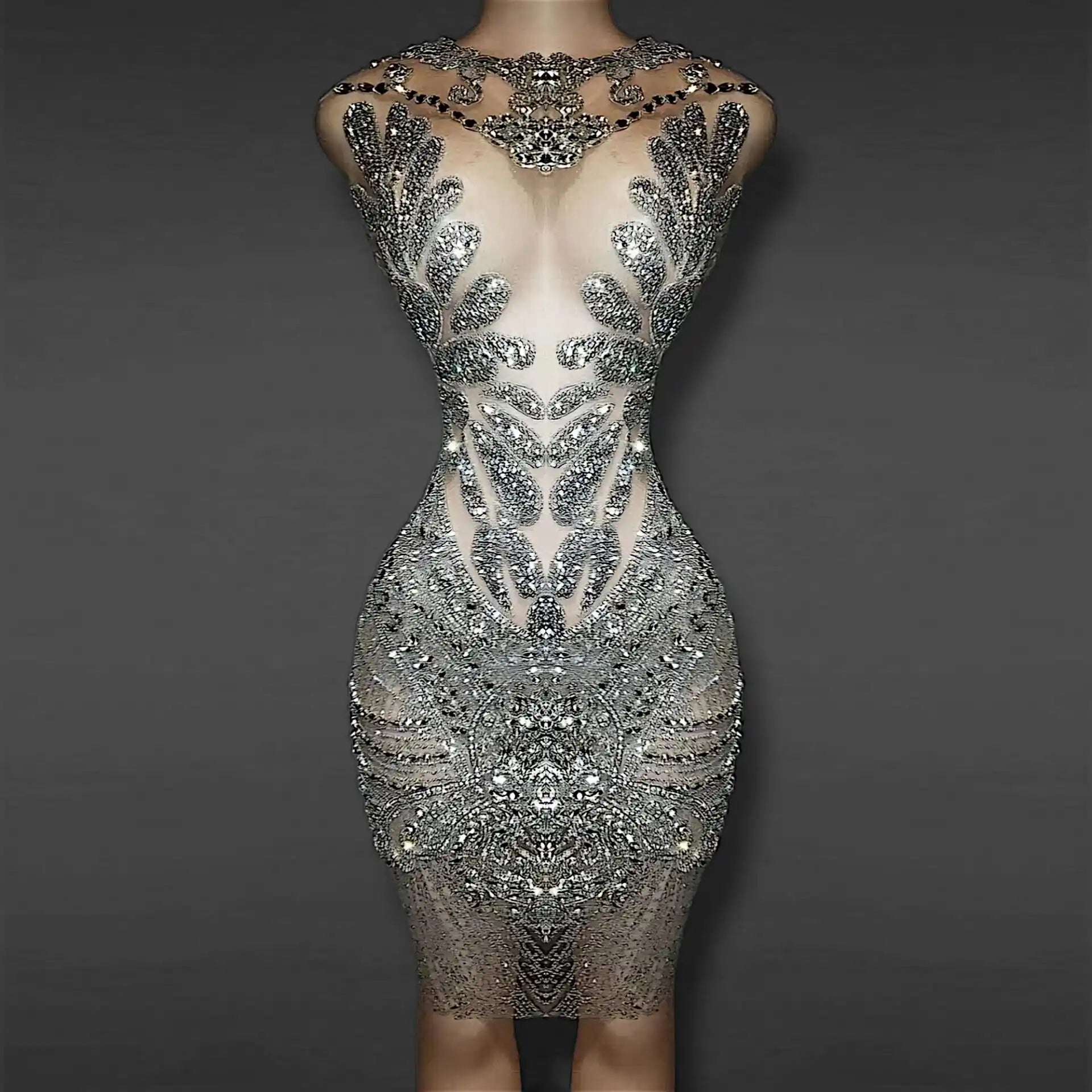 Naijah Rhinestone Mini Dress – Sheer Glitter Crystal Bodycon Gown – Nishkollection Naijah Rhinestone Mini Dress – Sheer Glitter Crystal Bodycon Gown – Nishkollection