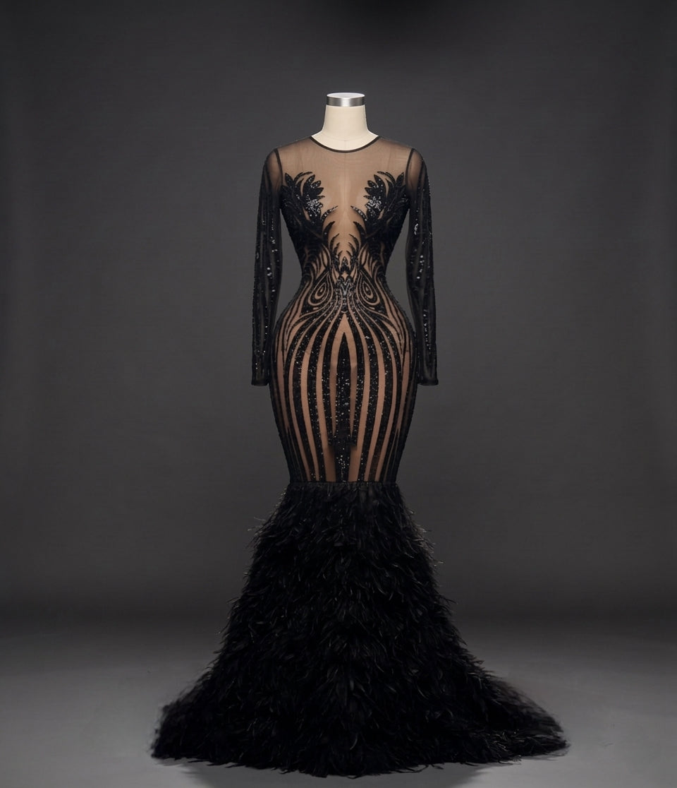 Sabrina Long Sleeve Sequin Feather Gown