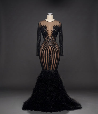 Sabrina Long Sleeve Sequin Feather Gown