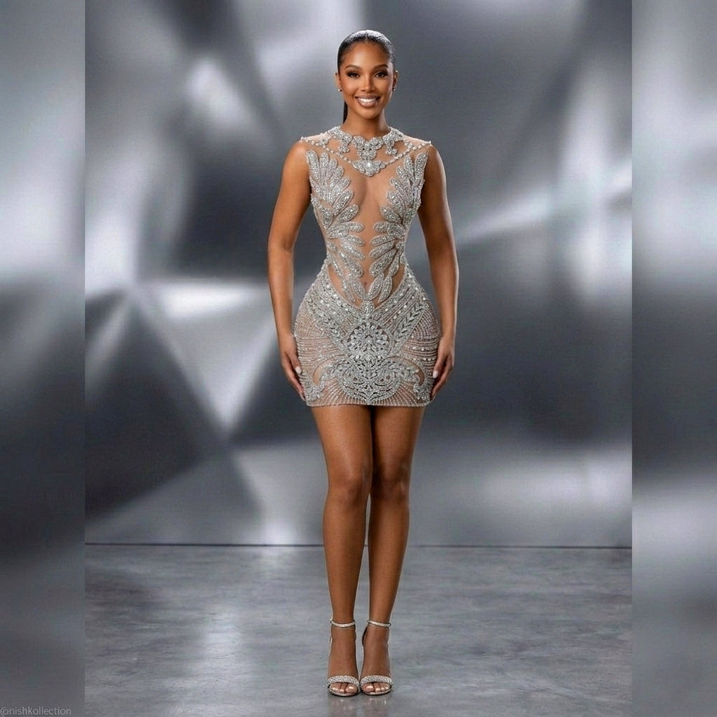Naijah Rhinestone Mini Dress Sheer Glitter Crystal Bodycon Gown Nishkollection Naijah Rhinestone Mini Dress Sheer Glitter Crystal Bodycon Gown Nishkollection