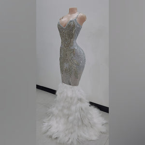 Leah Melani Silver Rhinestone Feather Mermaid Gown